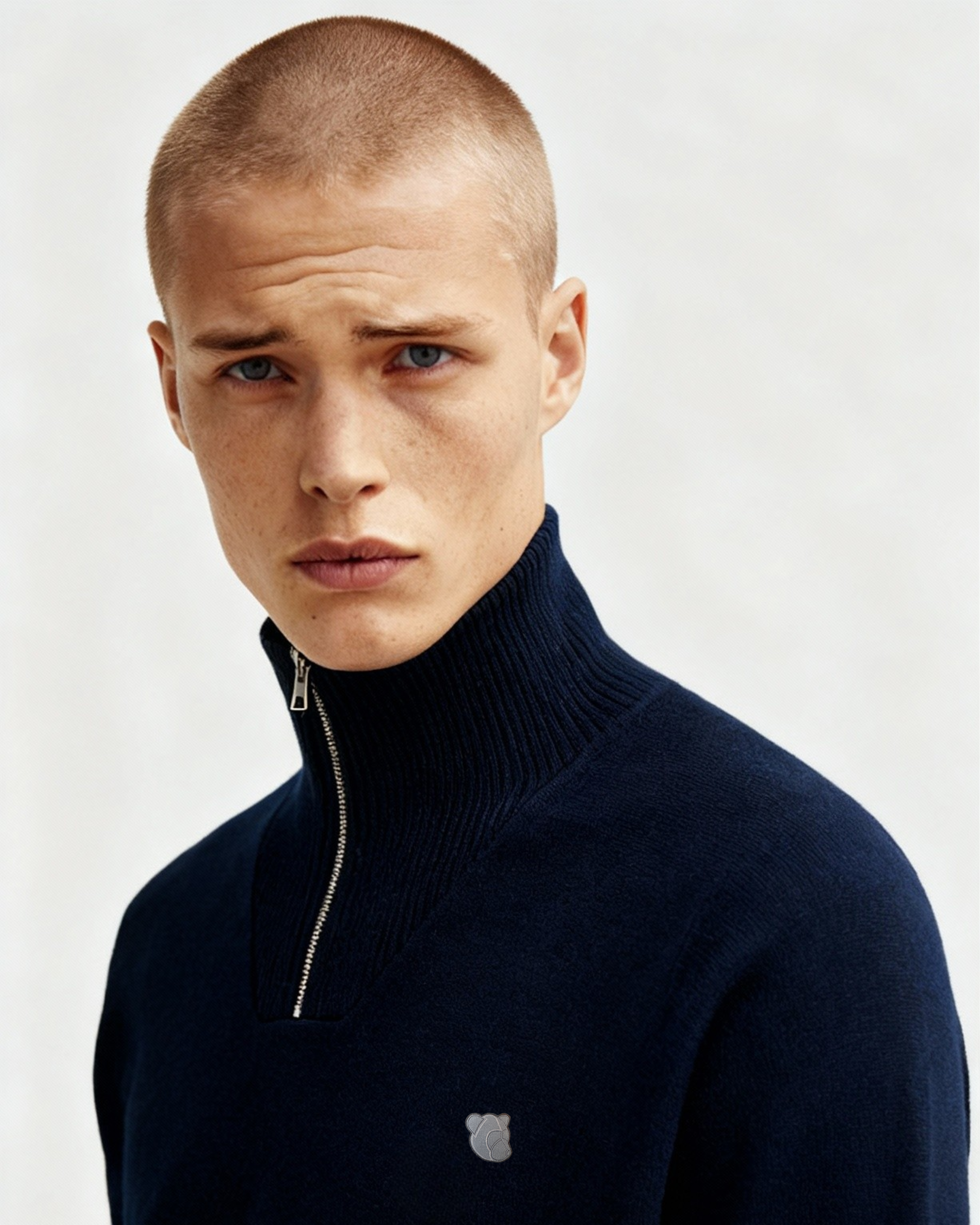 Navy half-zip strik i lambswool fra Tonsure