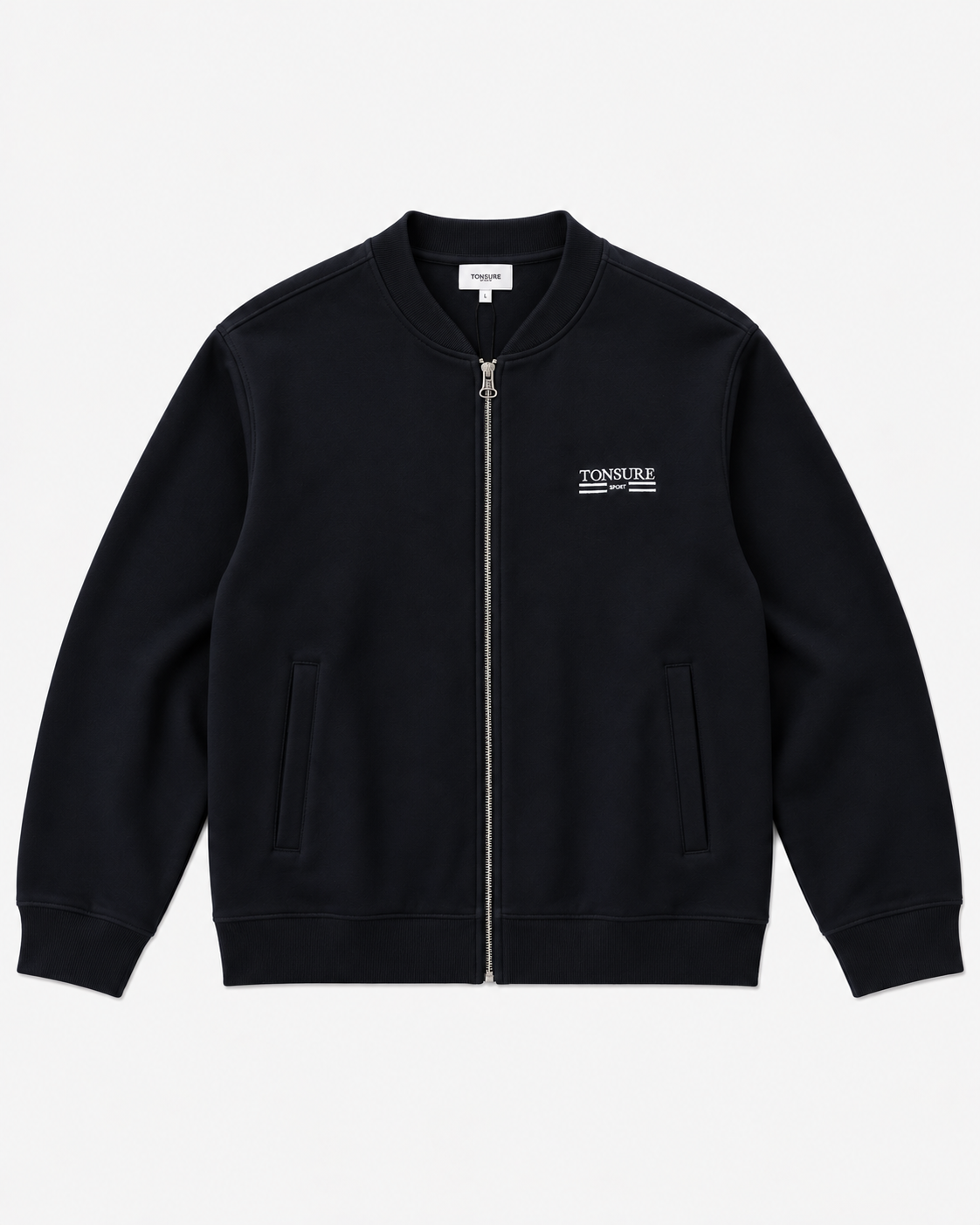 TONSURE Regent Sweat Jacket i dark navy og 400 GSM økologisk bomuld – front